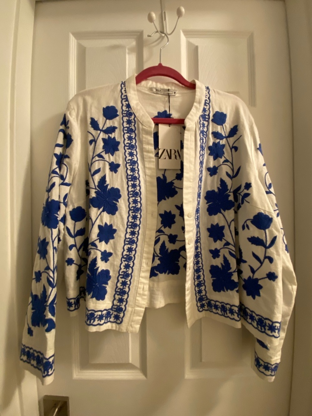 Zara Embroidered Jacket/Oversized Top-Blue & White Floral-Women's XXL